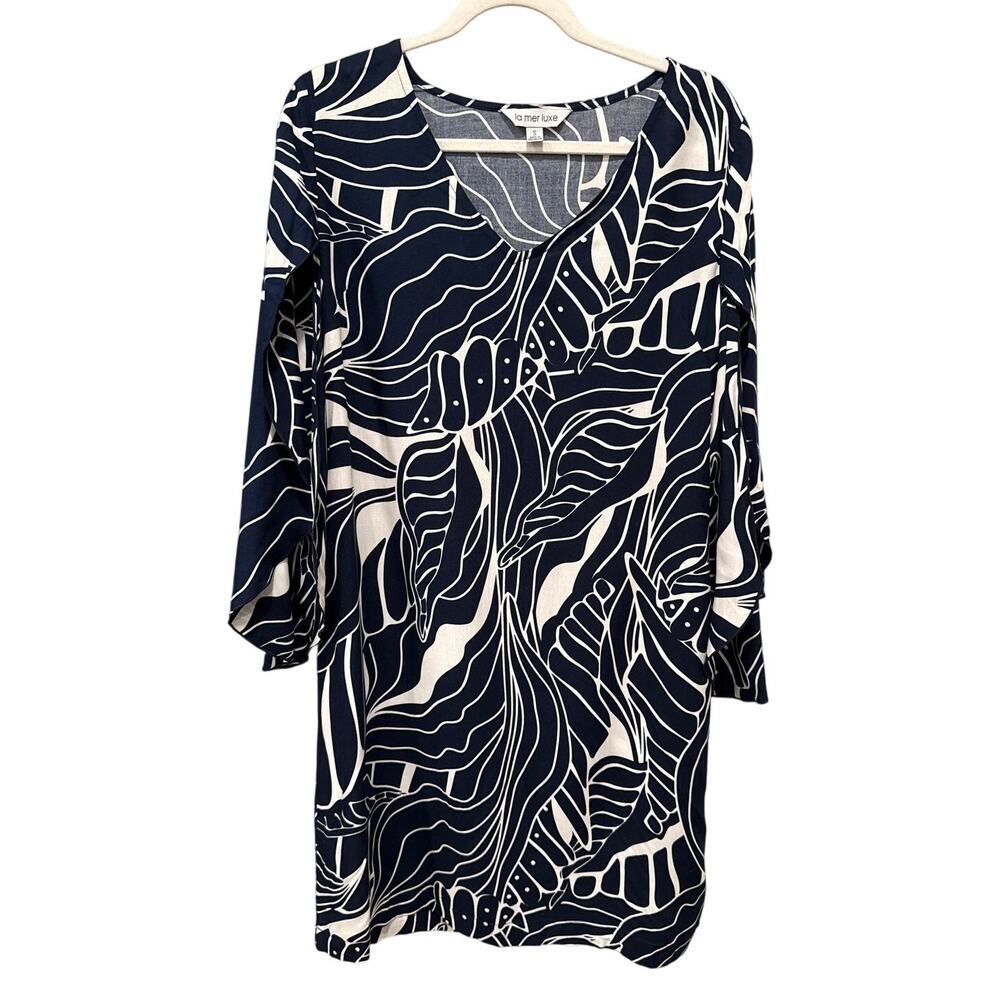 La Mer‎ Luxe Navy White Abstract Leaf Print Tunic Dress Small Boho Resortwear